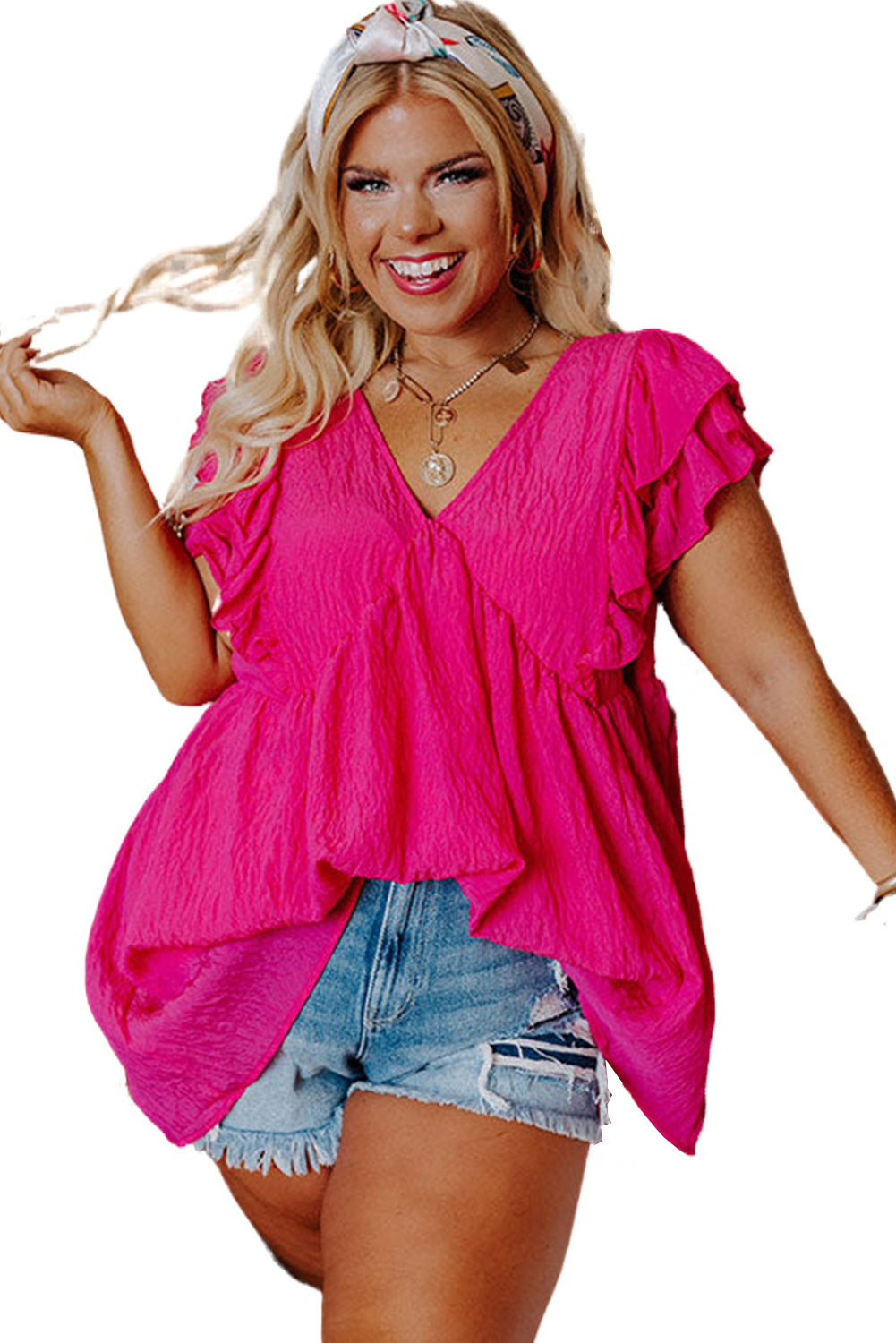 Pink Plus Size Ruffle V Neck Tie Back Tunic Top Plus Size JT's Designer Fashion