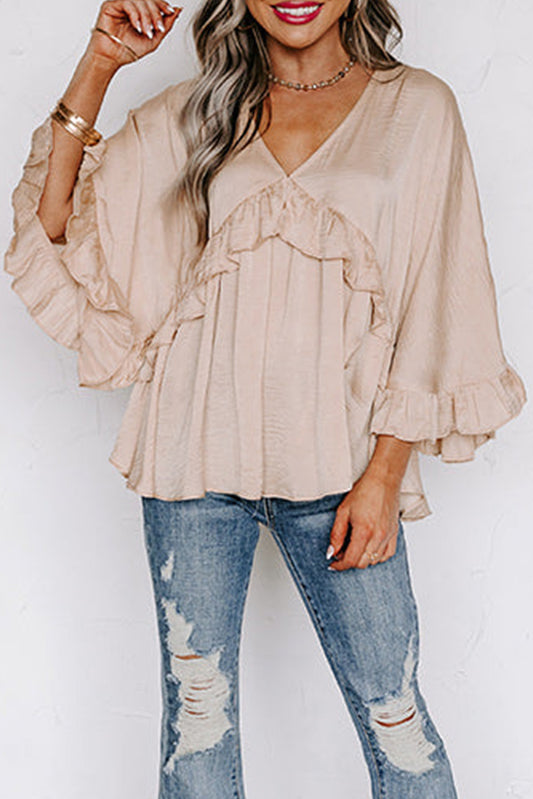 Apricot V Neck Draped Batwing Sleeve Ruffle Top Tops & Tees JT's Designer Fashion