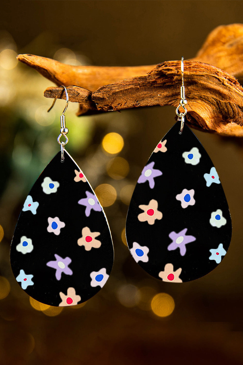 Black Floral Print PU Water Drop Hook Earrings Jewelry JT's Designer Fashion