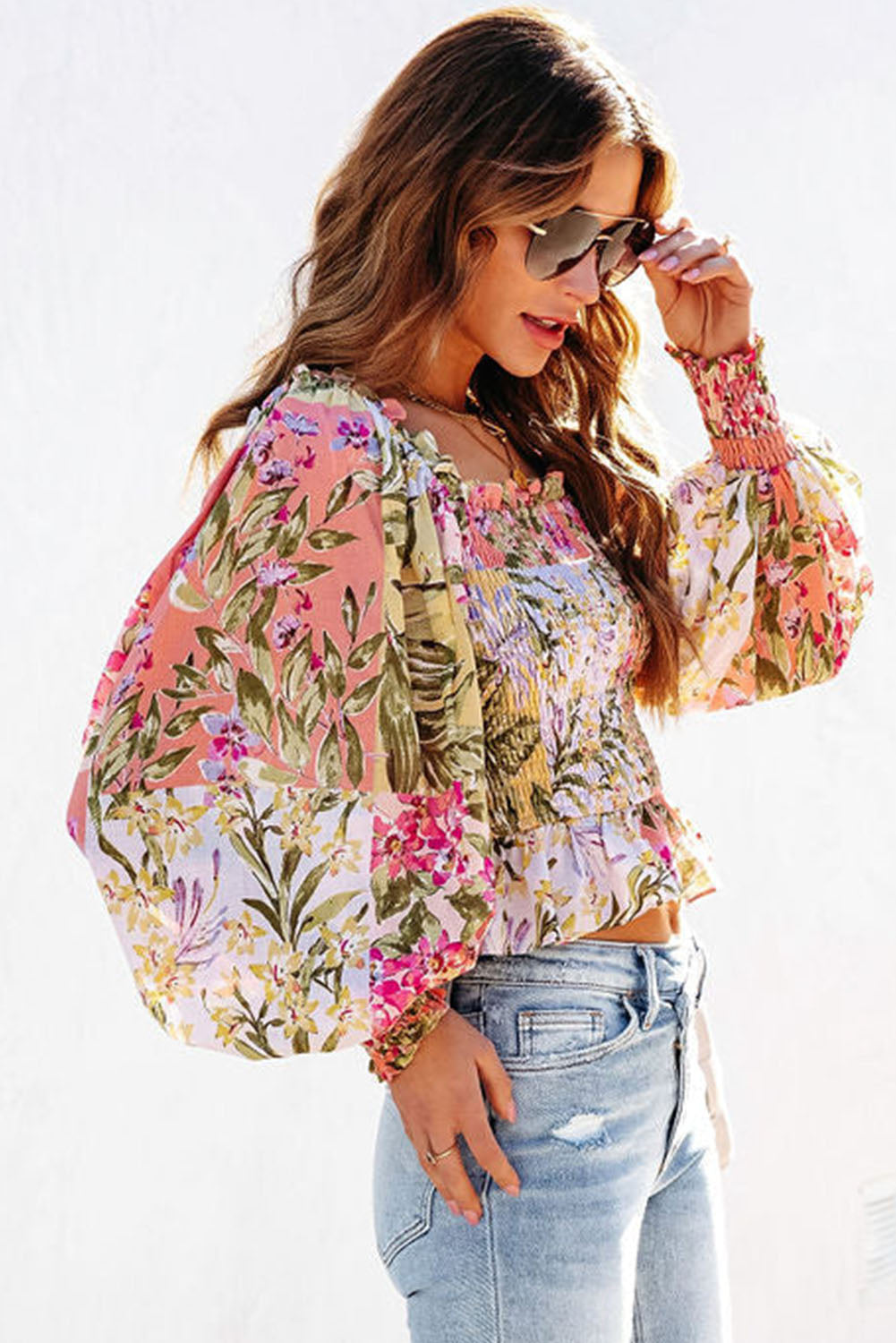 Multicolor Square Neck Ruffled Frilled Trim Floral Blouse Tops & Tees JT's Designer Fashion