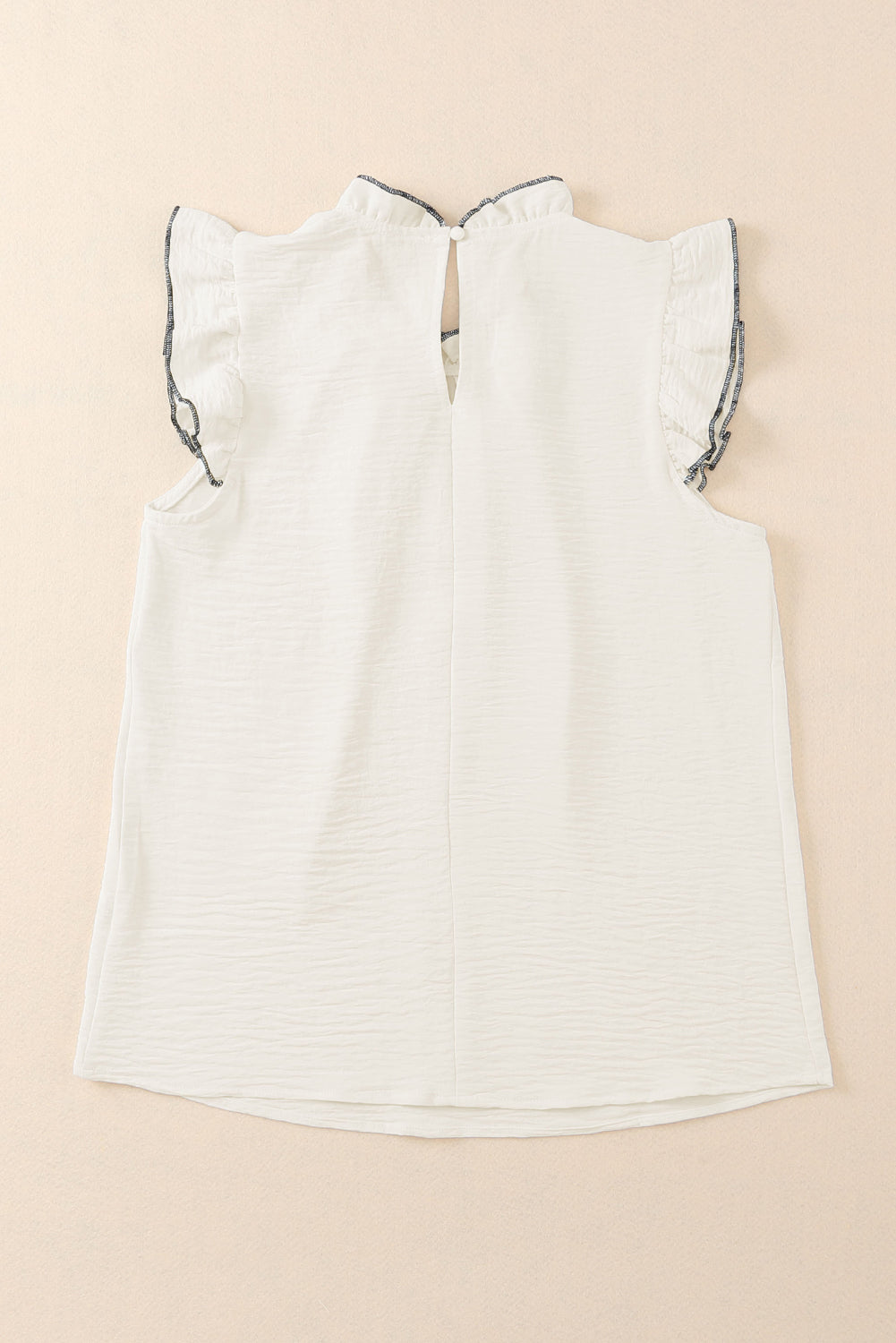 White Contrast Trim Ruffled Crew Neck Sleeveless Top Tank Tops JT's Designer Fashion