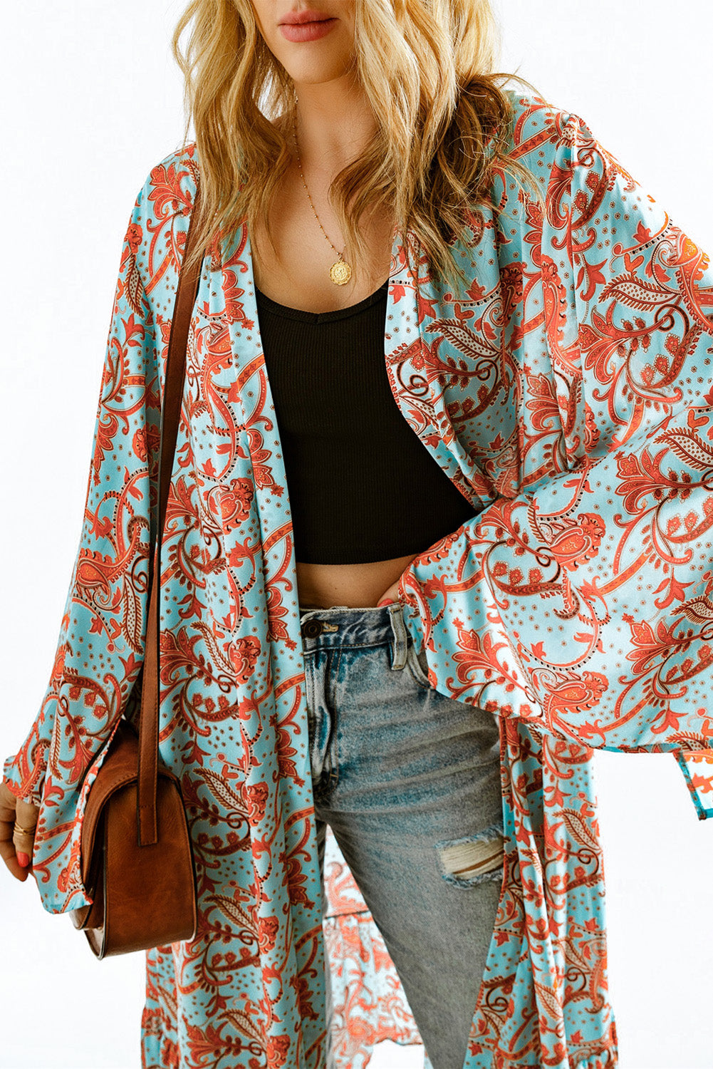 Sky Blue Boho Retro Floral Print Long Sleeve Oversized Kimono Kimonos JT's Designer Fashion