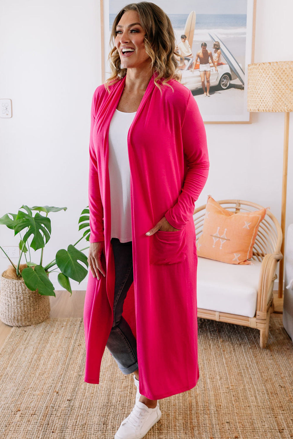 Strawberry Pink Plus Size Side Split Pockets Duster Cardigan Plus Size JT's Designer Fashion