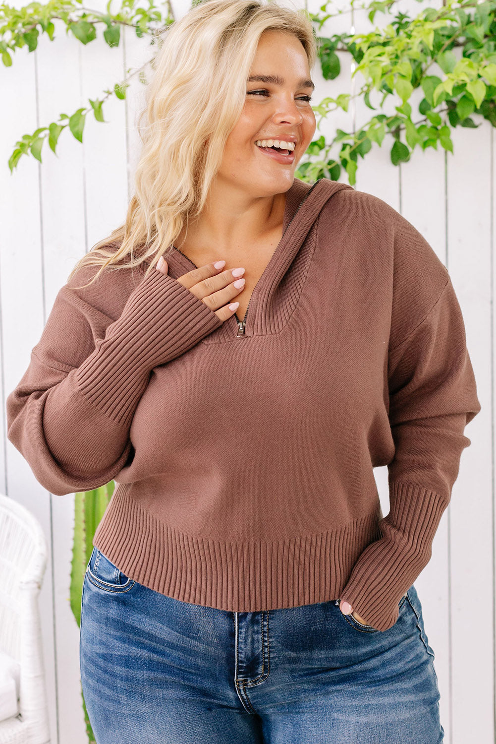 Brown Solid Ribbed Trim Plus Size Zip Collar Sweater Plus Size JT's Designer Fashion