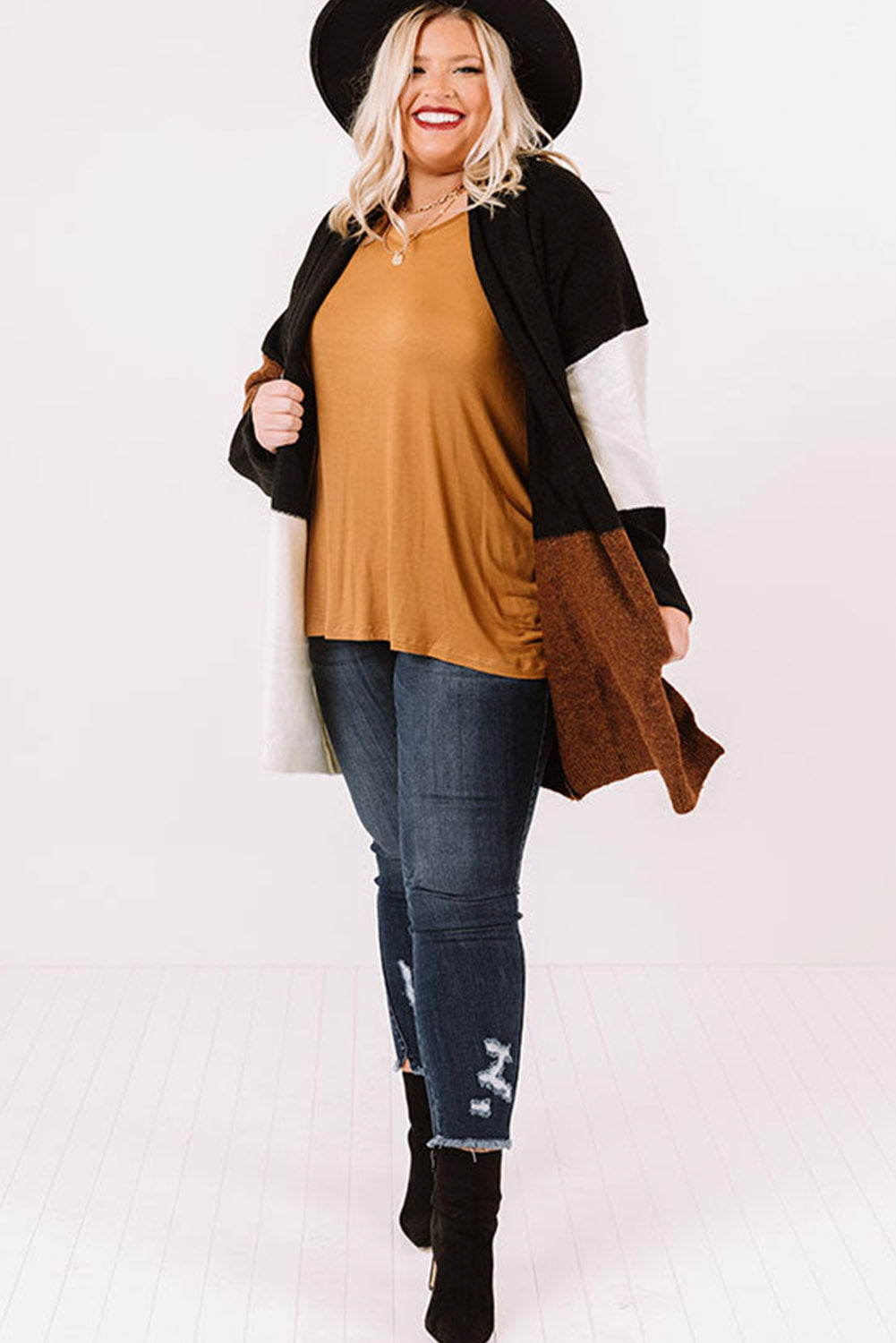 Brown Plus Size Open Front Color Block Tiered Cardigan Plus Size JT's Designer Fashion