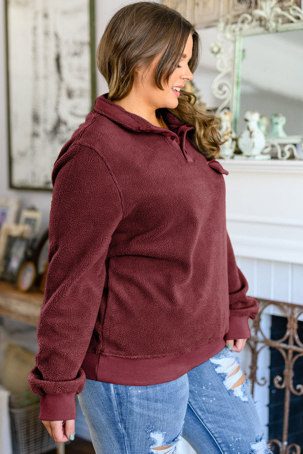 Red Button Split Neck Plus Size Fleece Sweatshirt Plus Size JT's Designer Fashion