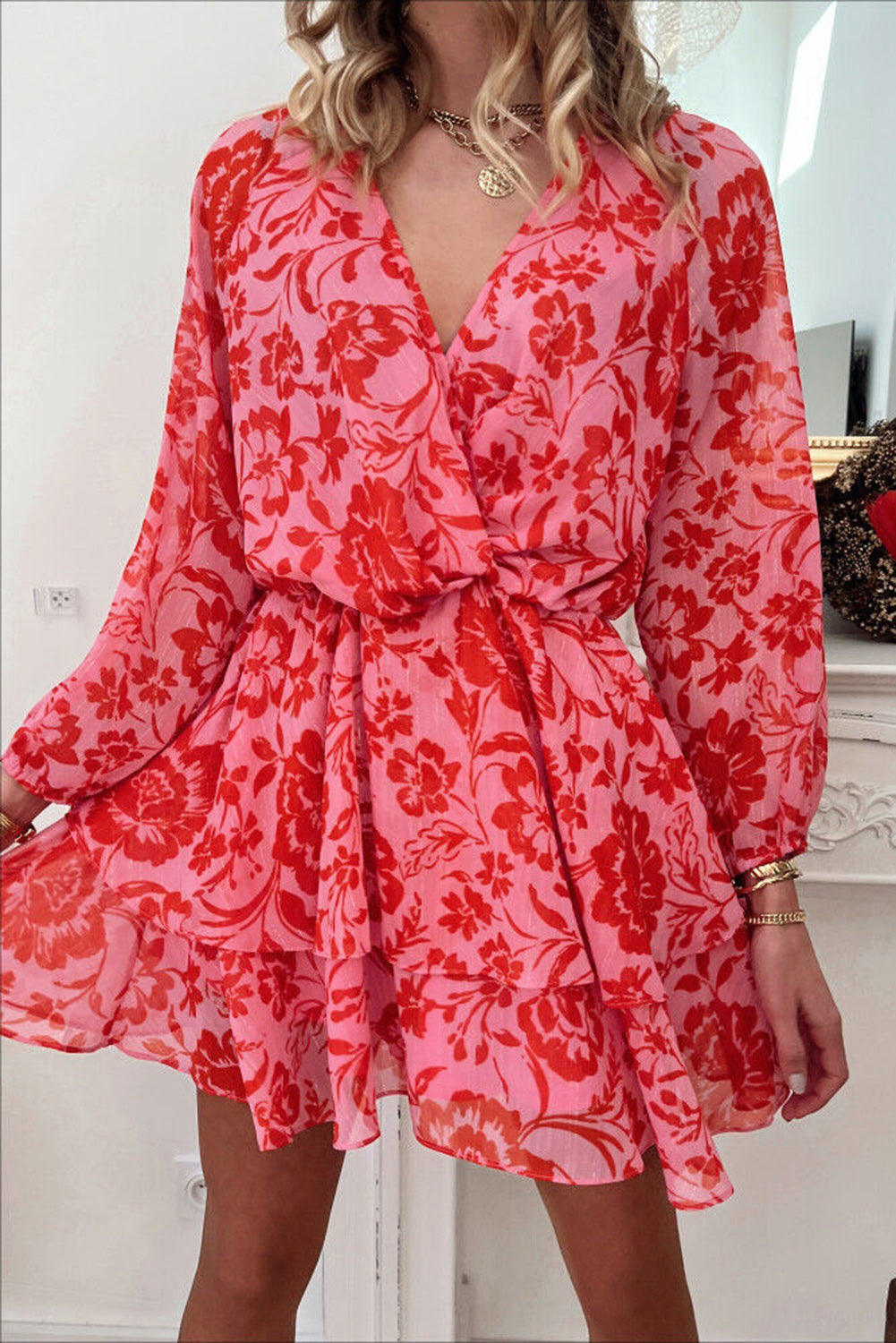 Red Floral Ruffle Layered Puff Sleeve Surplice Dress Dresses JT's Designer Fashion