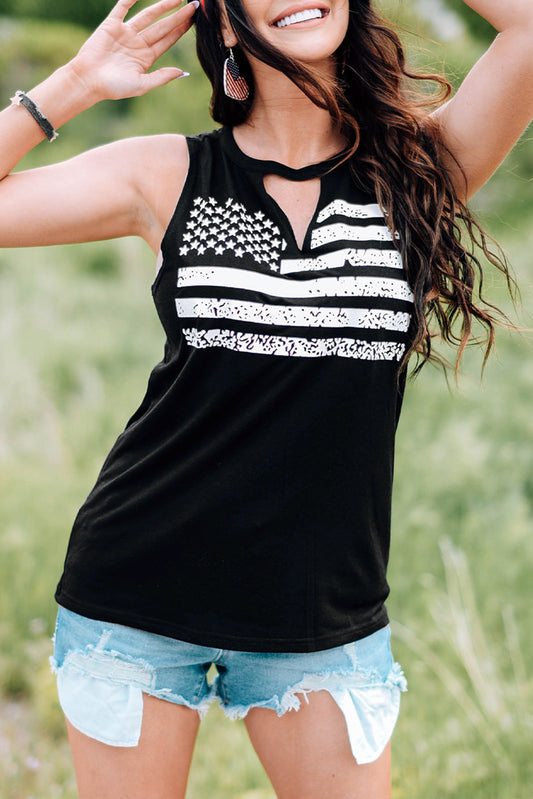 Black Cutout American Flag Print Tank Top Black 95%Polyester+5%Elastane Tank Tops JT's Designer Fashion