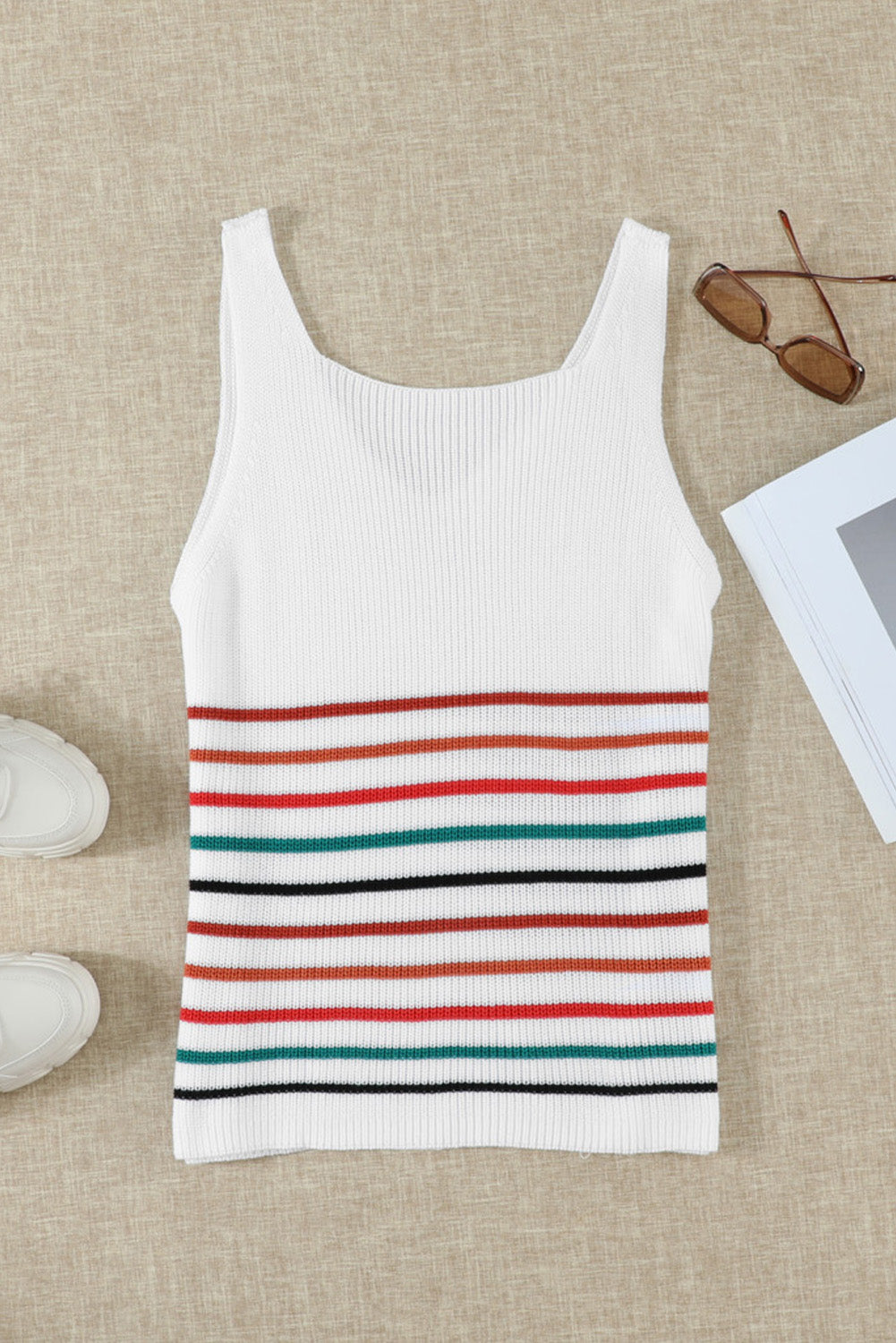 Multicolor Stripes White Knit Tank Top Tank Tops JT's Designer Fashion