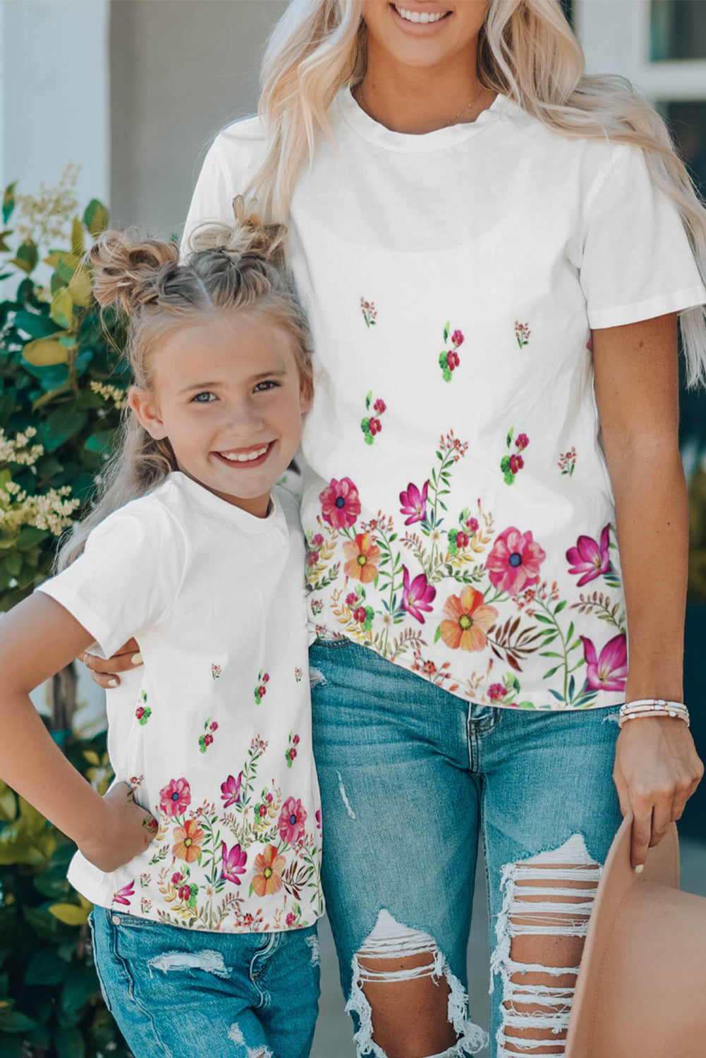 White Family Matching Adult Flower Printed Crew Neck T Shirt Family T-shirts JT's Designer Fashion