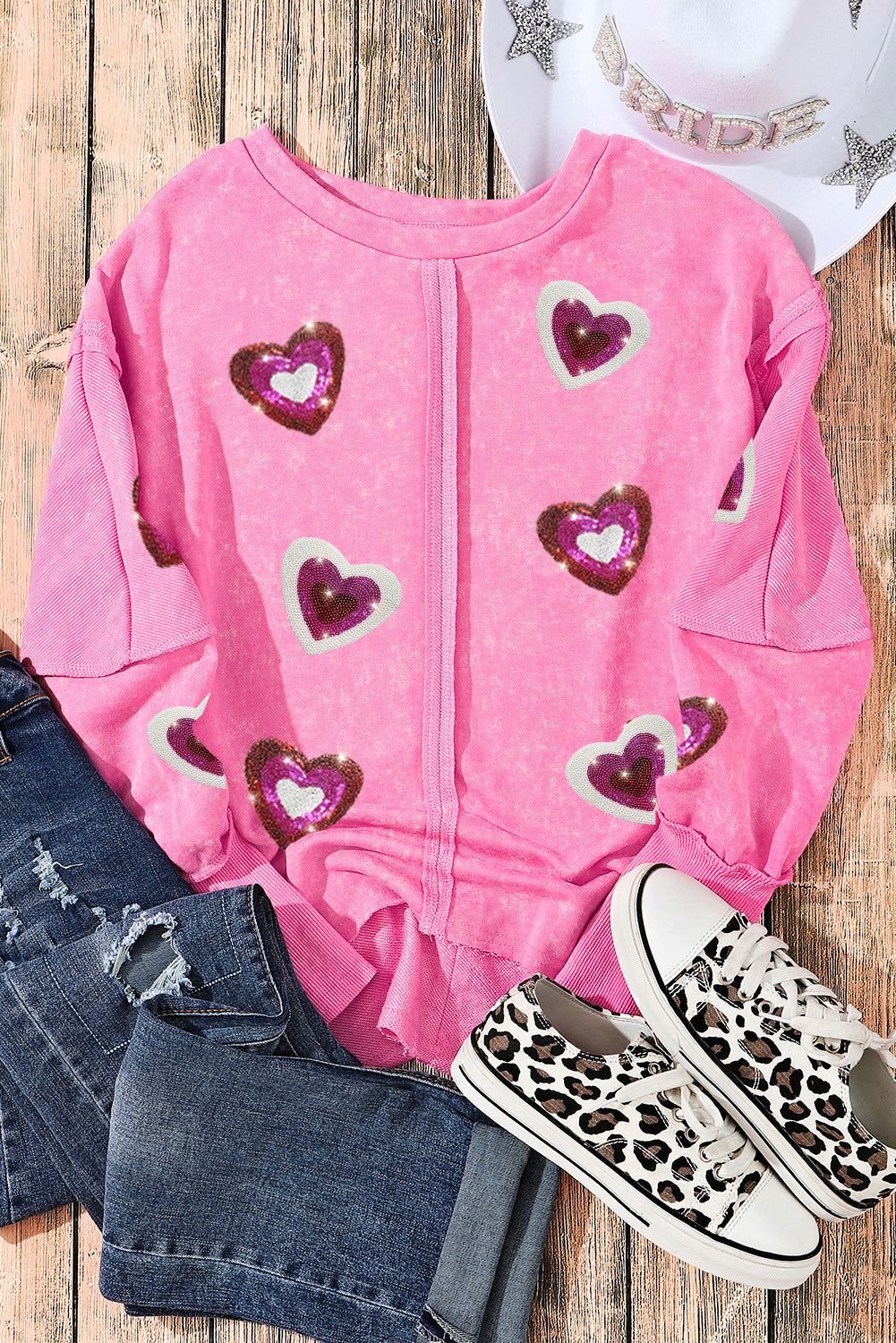 Rose Sequin Heart Shaped Exposed Seam Pullover Sweatshirt Graphic Sweatshirts JT's Designer Fashion