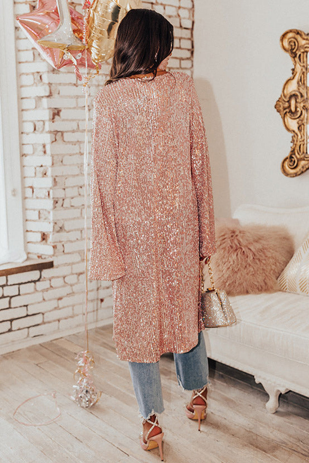 Pink Flare Sleeve Open Front Sequin Kimono Kimonos JT's Designer Fashion