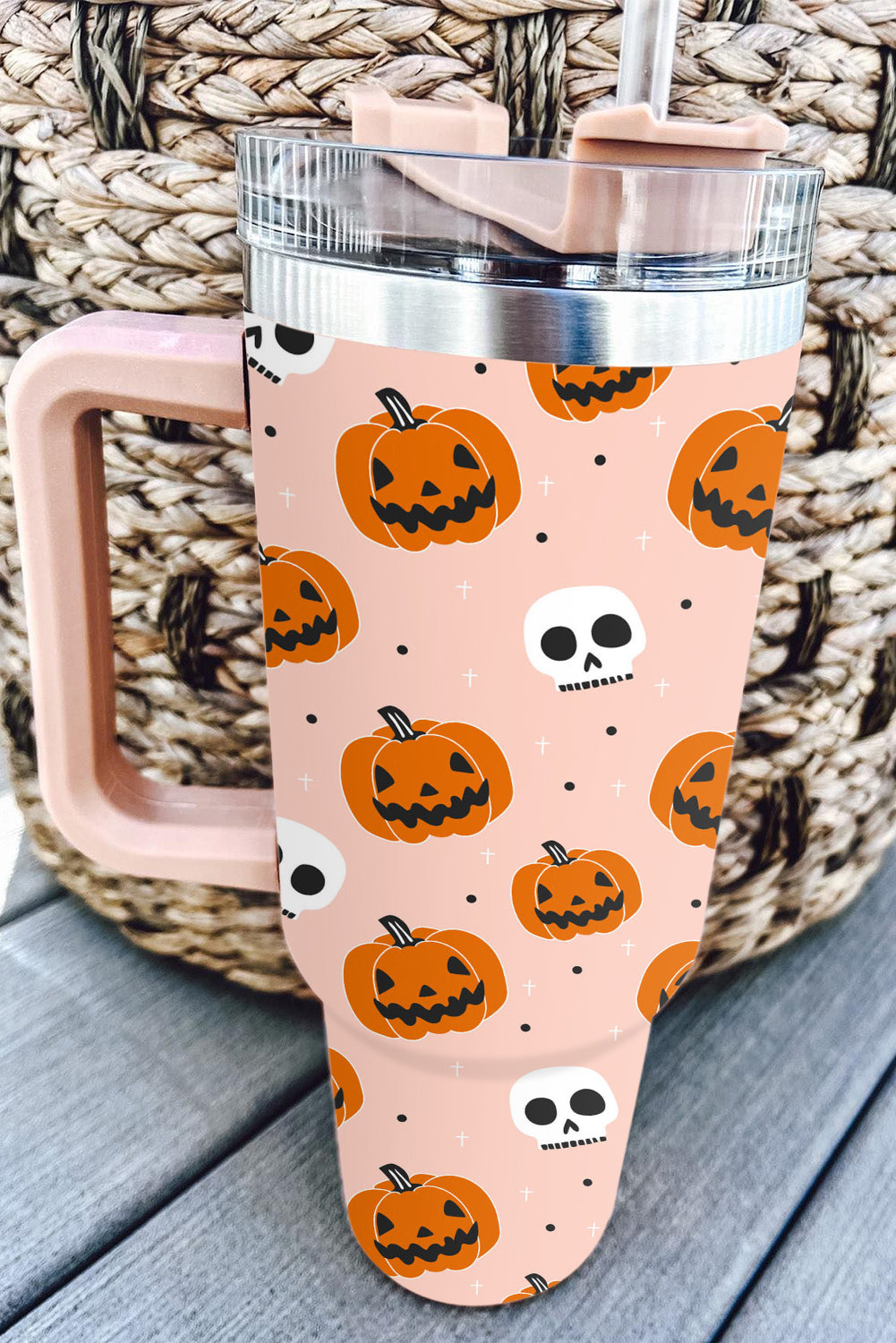 Orange Halloween Pumpkin Skull Print Handle Straw Tumbler Tumblers JT's Designer Fashion