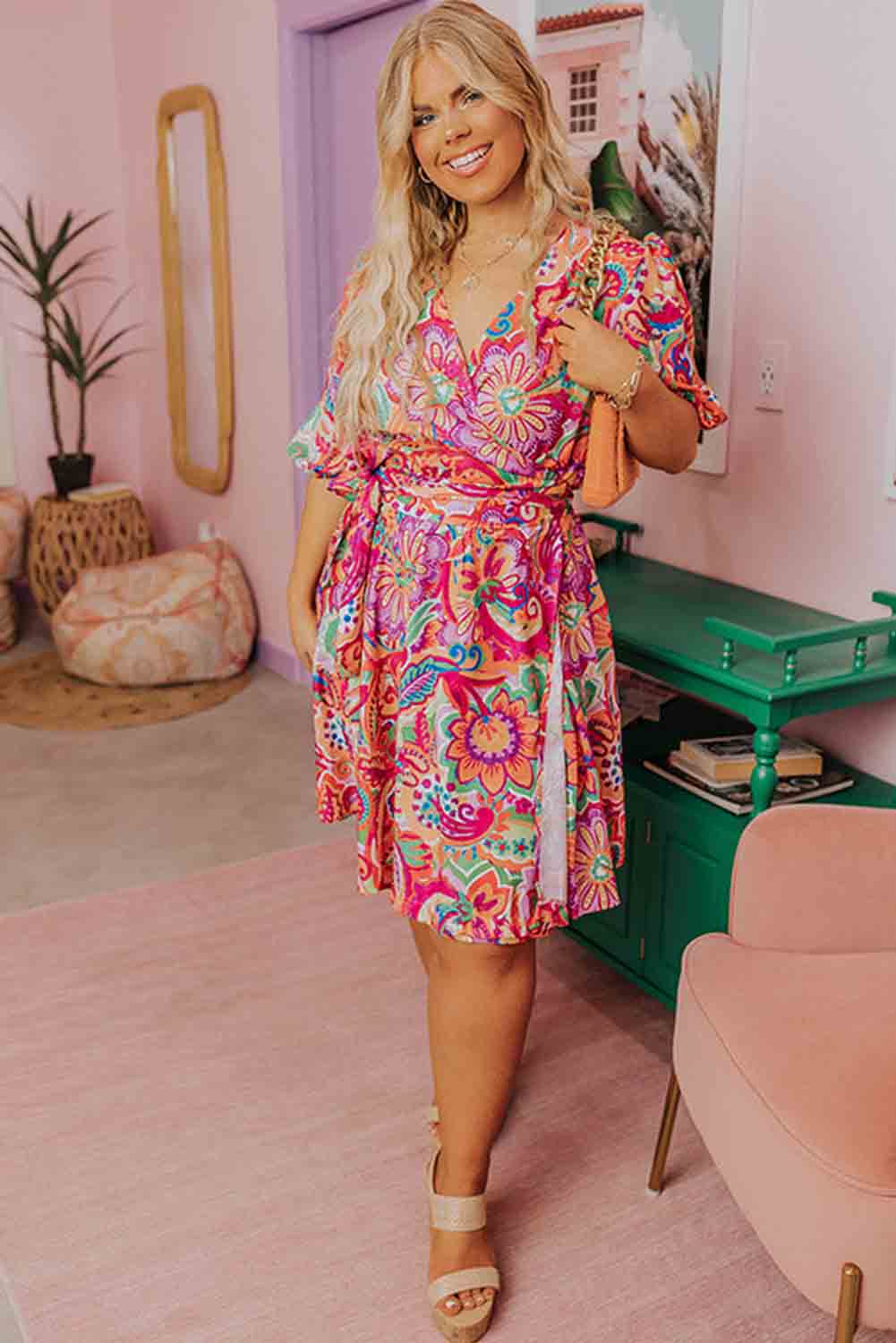 Multicolor Boho Paisley Floral Print Wrap V Neck Puff Sleeve Plus Size Dress Plus Size JT's Designer Fashion