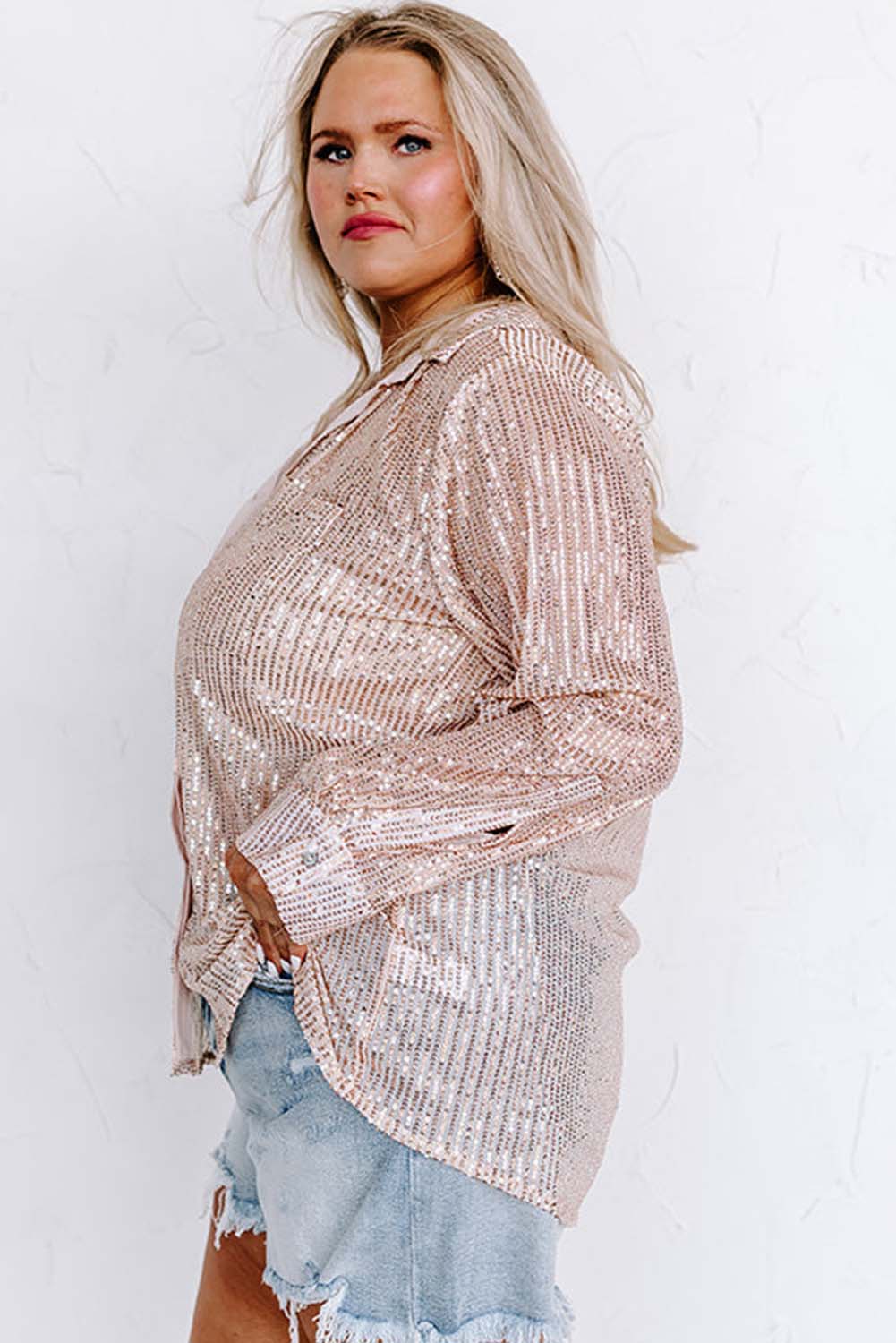 Apricot Sequin Long Sleeve Button-Up Plus Size Shirt Plus Size JT's Designer Fashion