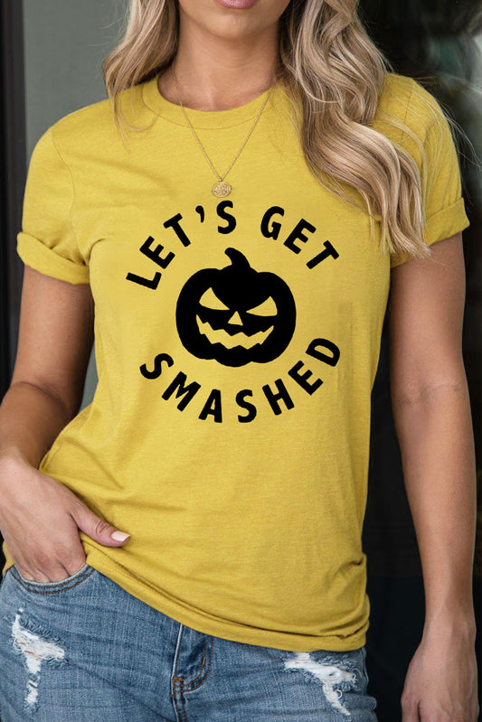 Yellow LET'S GET SMASHED Halloween Pumpkin Face Graphic Tee Yellow Graphic Tees JT's Designer Fashion