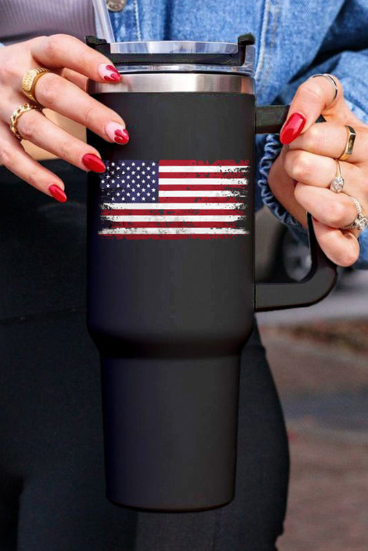 Black American Flag Print Straw Handle Insulate Cup 40oz Tumblers JT's Designer Fashion