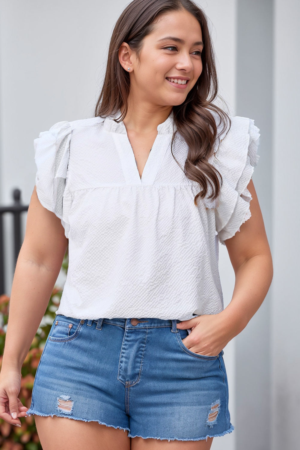 White Textured Ruffled Flutter Sleeve Plus Size Blouse Tops & Tees JT's Designer Fashion