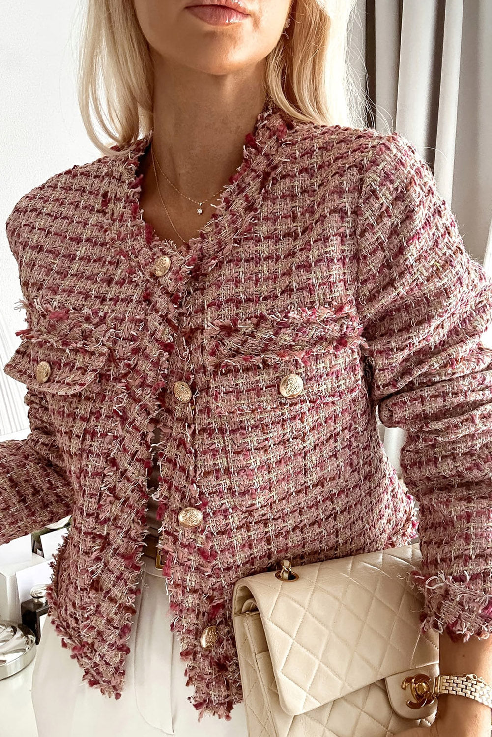 Rose Pink Metal Buckle Tweed Jacket Outerwear JT's Designer Fashion