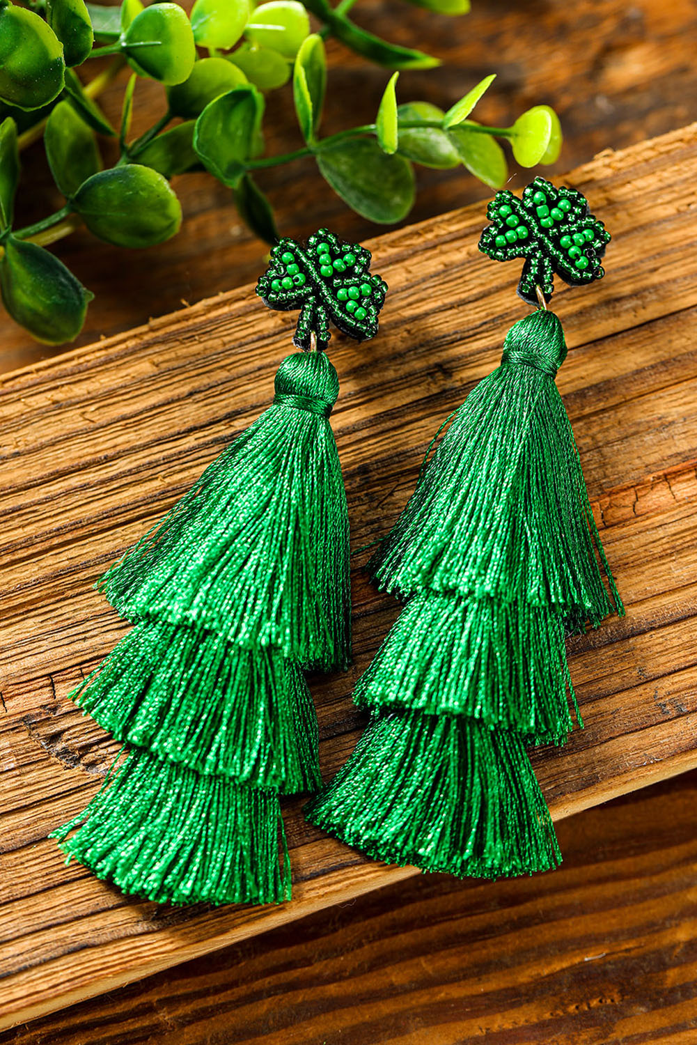 Green St. Patricks Day Beaded Layered Tassel Earrings Jewelry JT's Designer Fashion