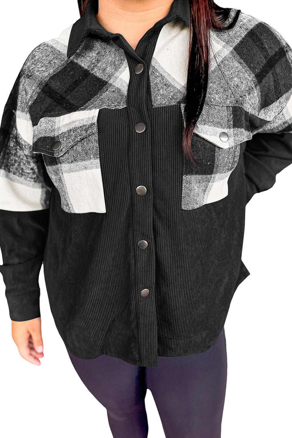 Black Plaid Patchwork Plus Size Corduroy Shacket Plus Size JT's Designer Fashion