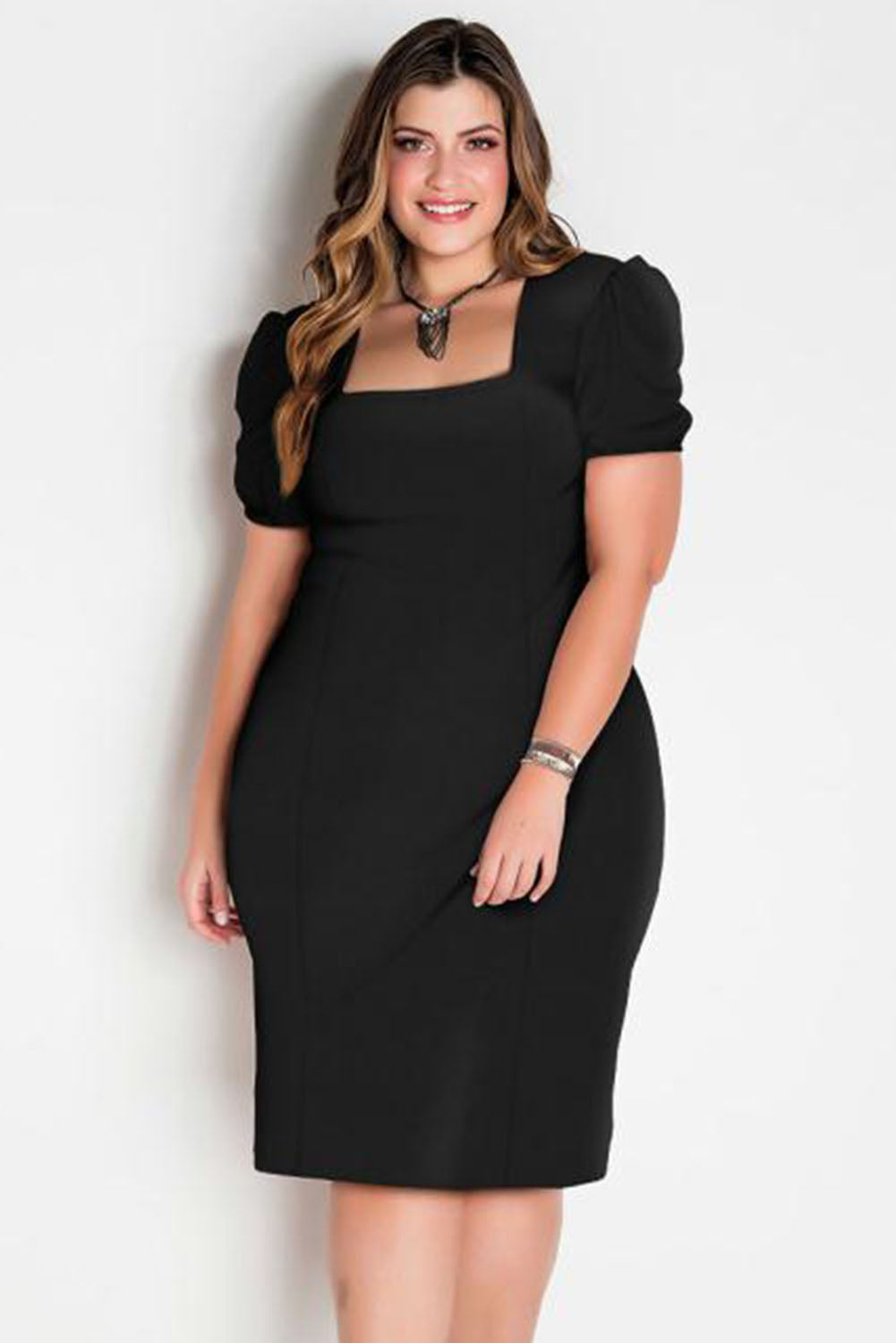 Black Square Neck Bubble Sleeve Plus Size Midi Dress Plus Size JT's Designer Fashion