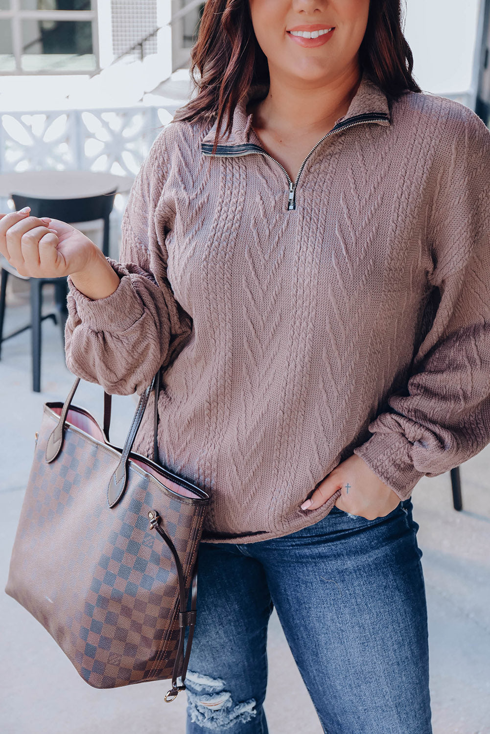 Brown Long Sleeve Zip Neck Plus Size Knit Top Plus Size JT's Designer Fashion