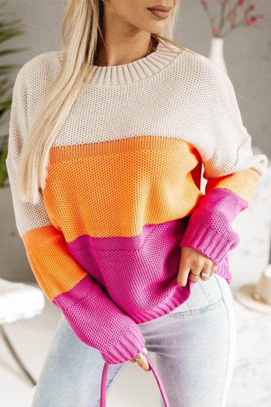 Multicolor Color Block Drop Shoulder Round Neck Knit Sweater Tops & Tees JT's Designer Fashion