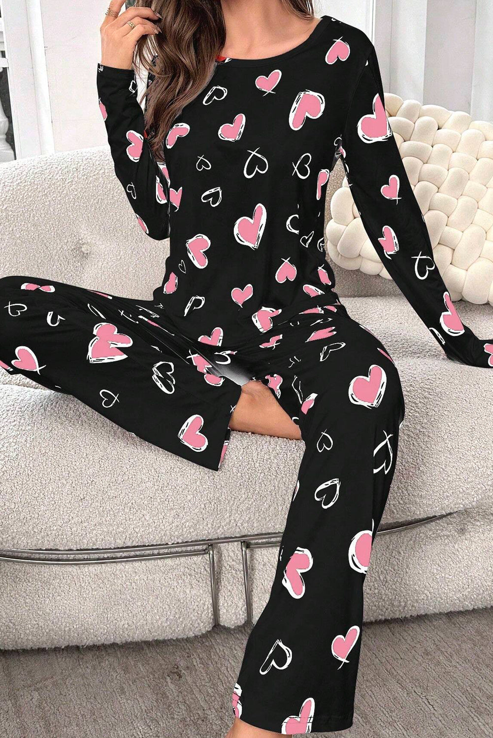 Black Valentines Heart Print Long Sleeve Top & Pants PJ Set Loungewear JT's Designer Fashion