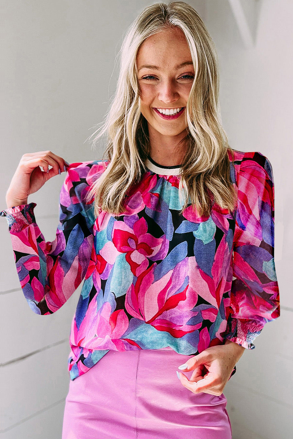 Multicolor Floral Puff Ruched Sleeve Blouse Tops & Tees JT's Designer Fashion