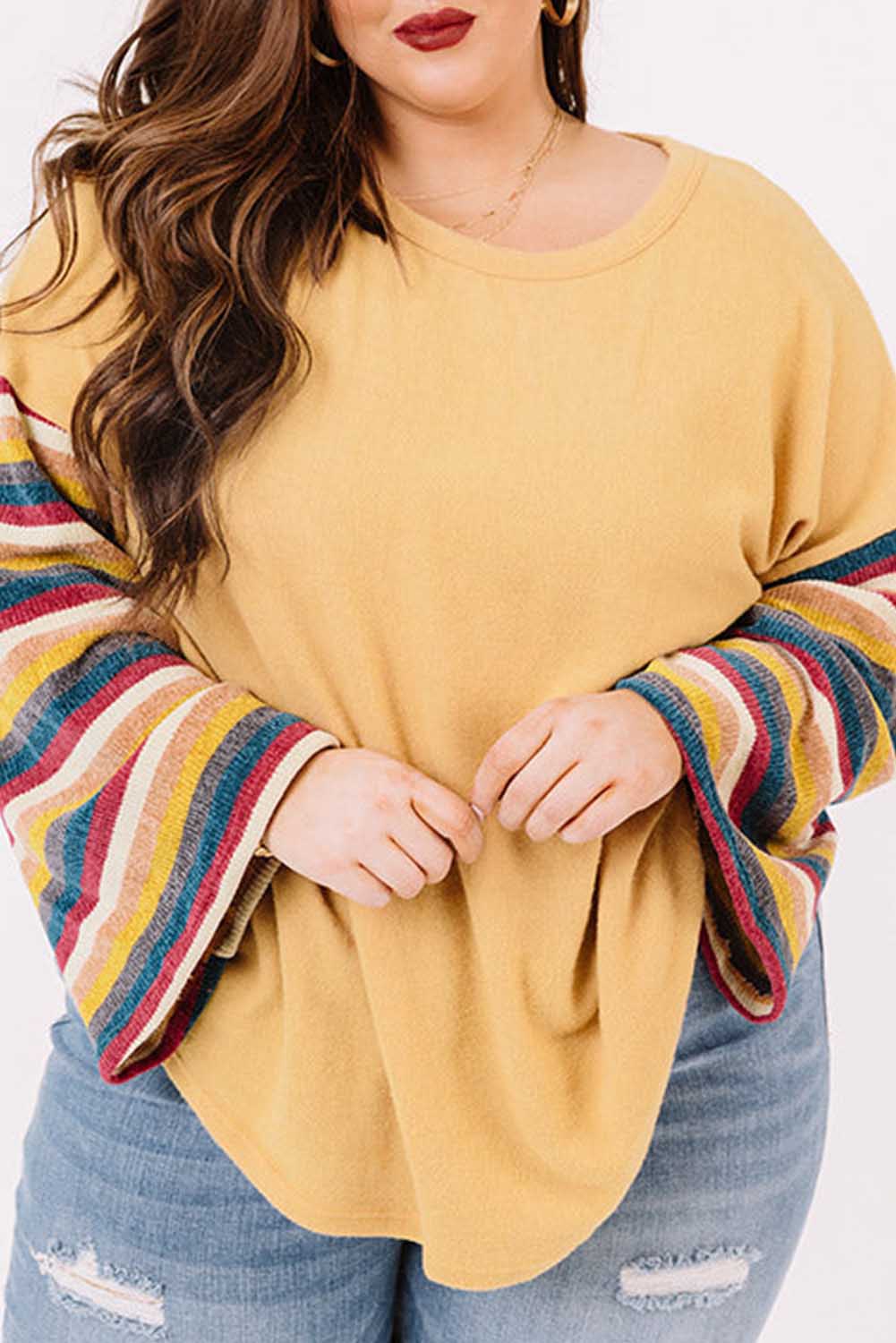 Yellow Serape Striped Bell Sleeve Plus Size Sweater Plus Size JT's Designer Fashion