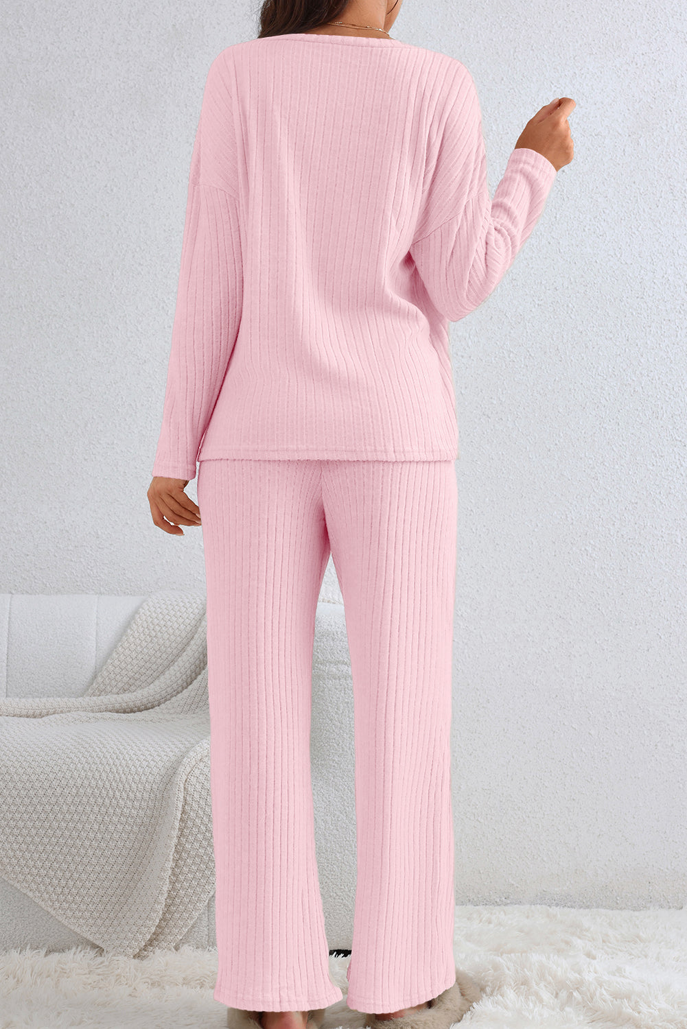 Light Pink Ribbed Knit V Neck Slouchy Two-piece Outfit Bottoms JT's Designer Fashion