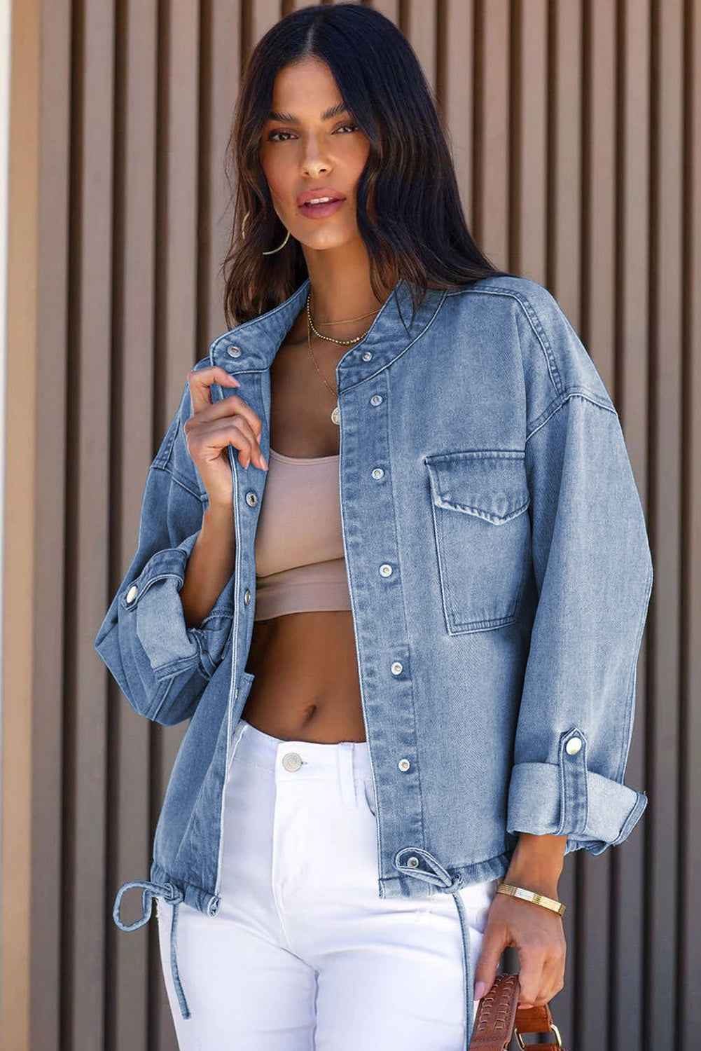 Sky Blue Roll-Up Tab Sleeve Snap Button Pocket Denim Jacket Denim jackets JT's Designer Fashion