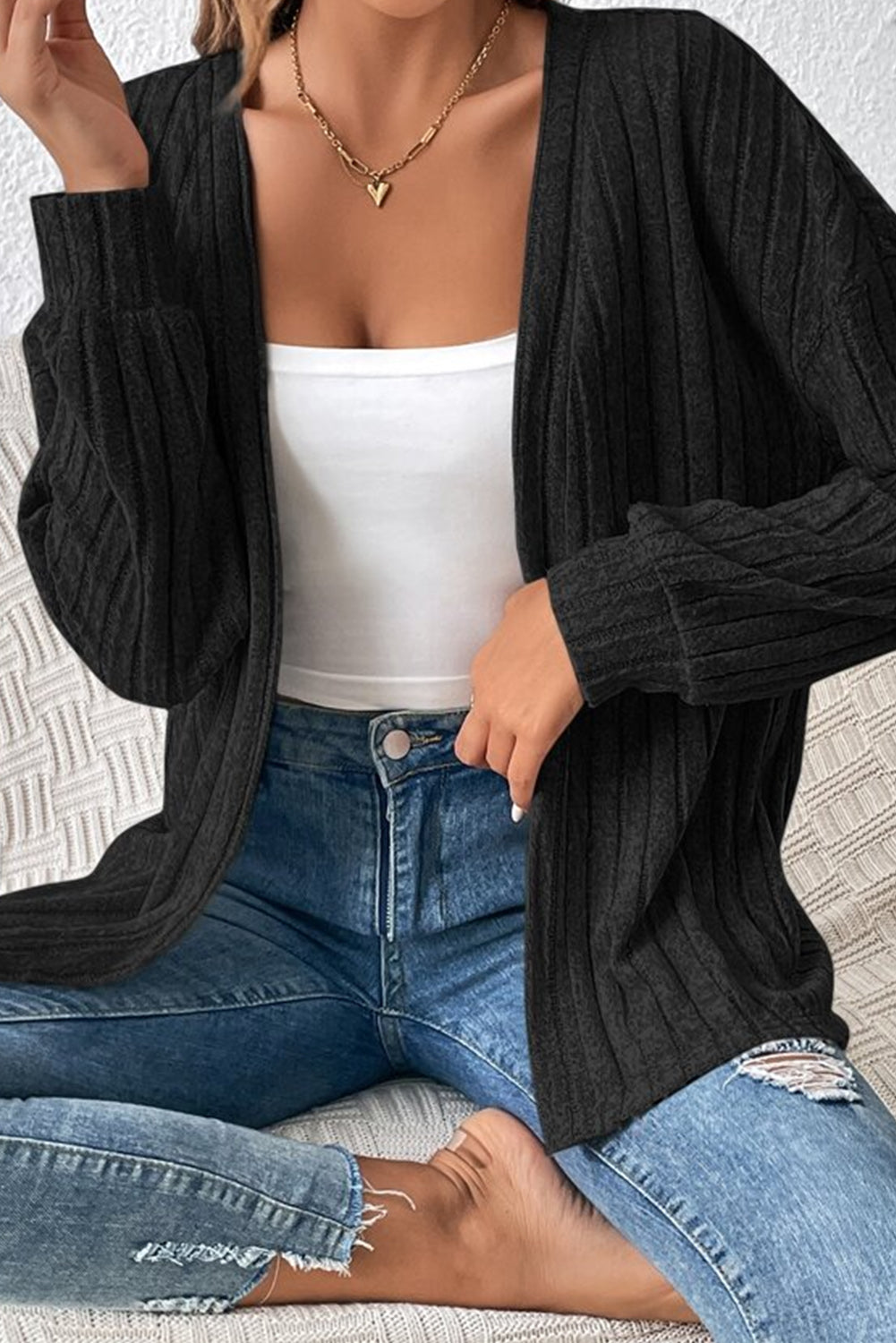 Black Plus Size Drop Shoulder Open Front Ribbed Knit Cardigan Outerwear JT's Designer Fashion