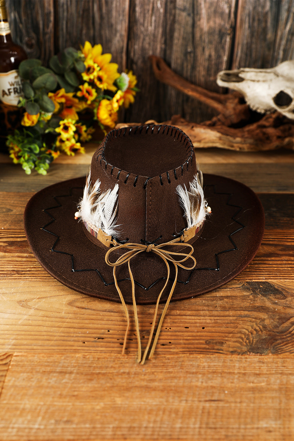 Coffee Western Feather Decor Cowboy Hat Hats & Caps JT's Designer Fashion