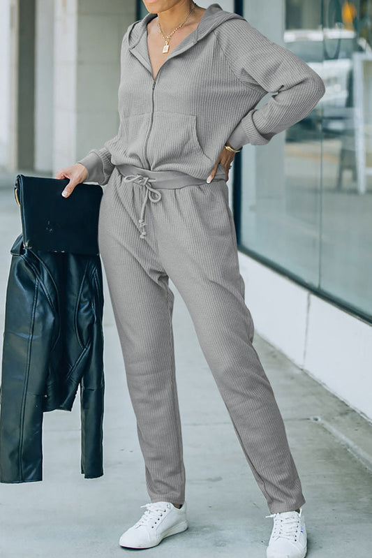 Gray Waffle Knit Zip-Up Hoodie and Pants Set Bottoms JT's Designer Fashion