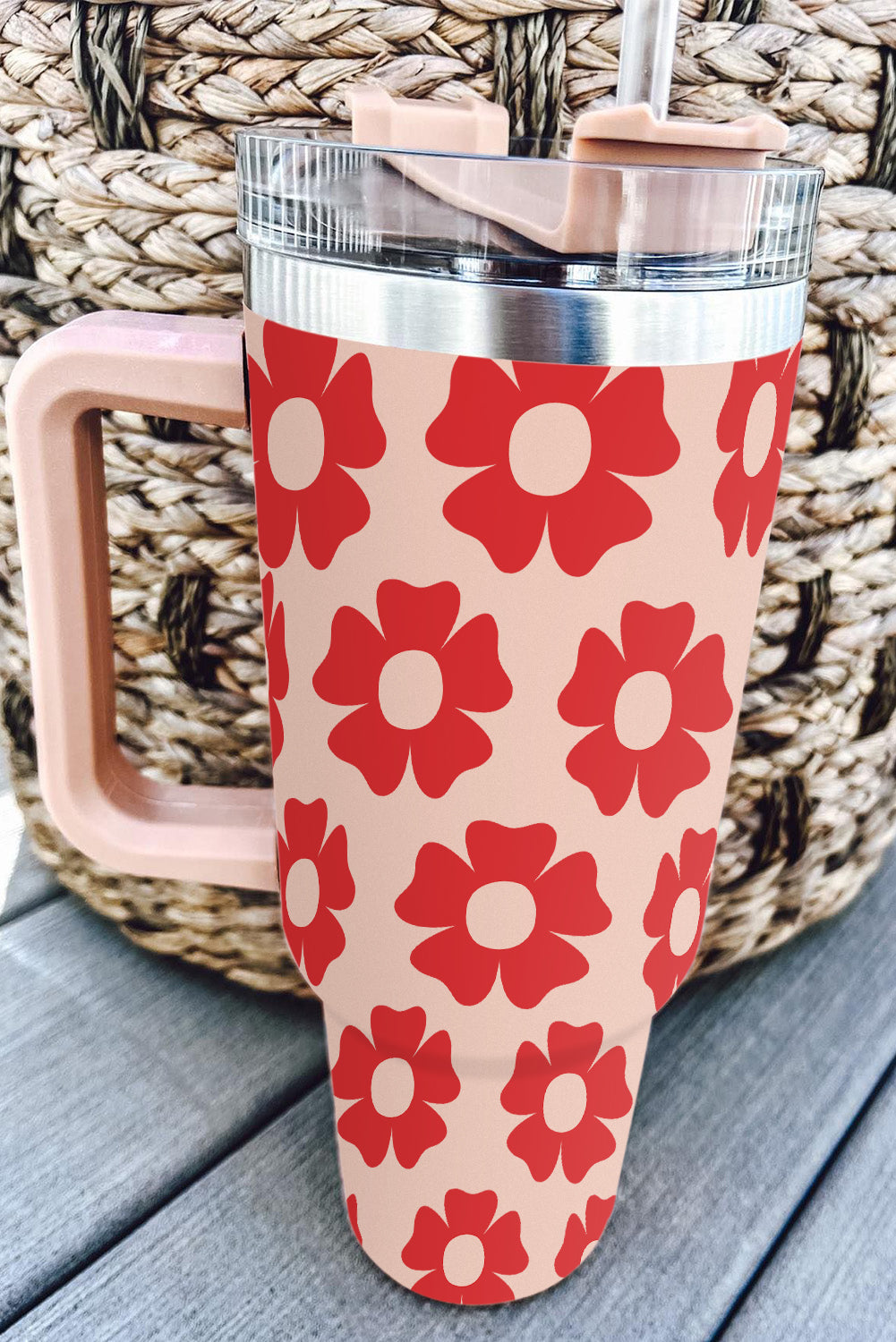 Red Flower Print Stainless Steel Water Bottle with Handle Tumblers JT's Designer Fashion