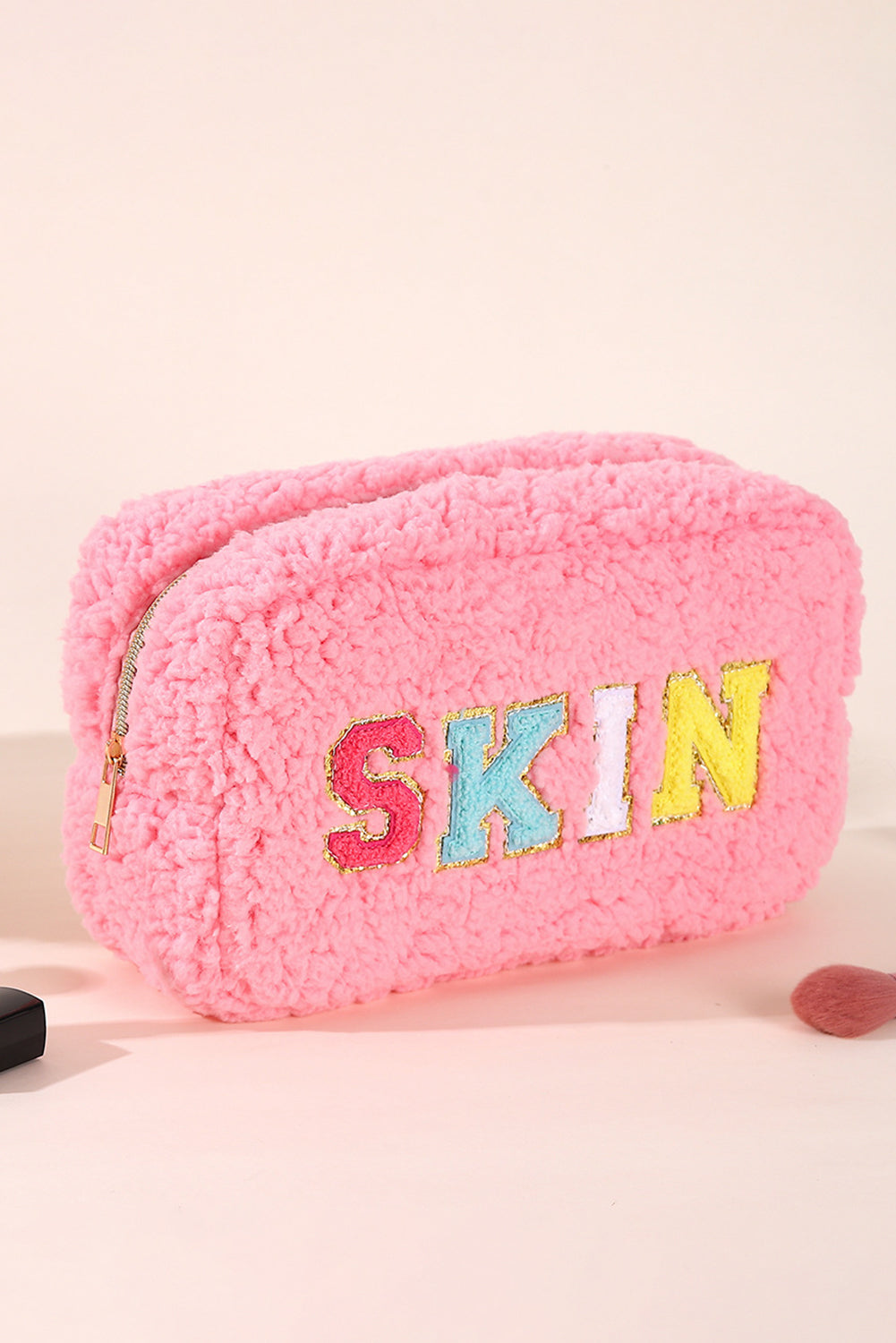 Pink Plush Chenille Embroidered Alphabet Makeup Bag Other Accessories JT's Designer Fashion