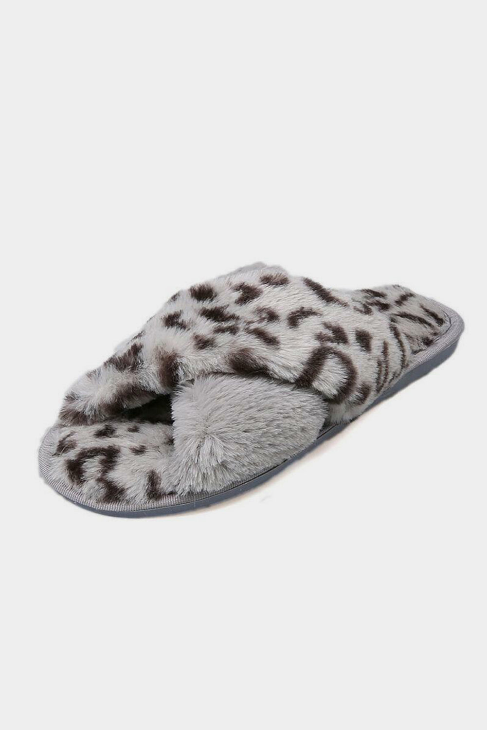 Gray Leopard Crossed Straps Furry Slippers Slippers JT's Designer Fashion