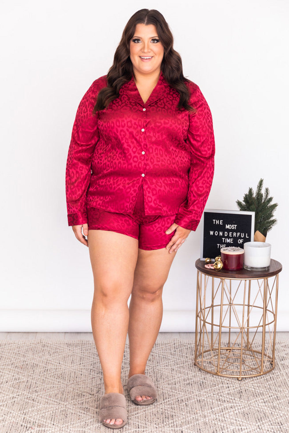 Red Leopard Print Long Sleeve Satin Plus Size Sleepwear Plus Size JT's Designer Fashion