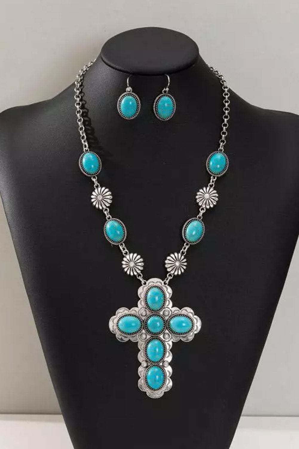 Silver 3Pcs Turquoise Cross Necklace And Earrings Set Jewelry JT's Designer Fashion