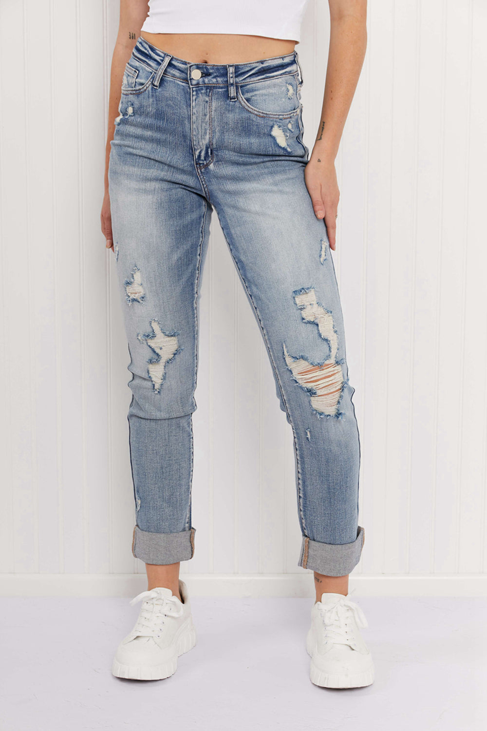 Judy Blue Fiona Full Size Double Cuffed Boyfriend Jeans Jeans JT's Designer Fashion