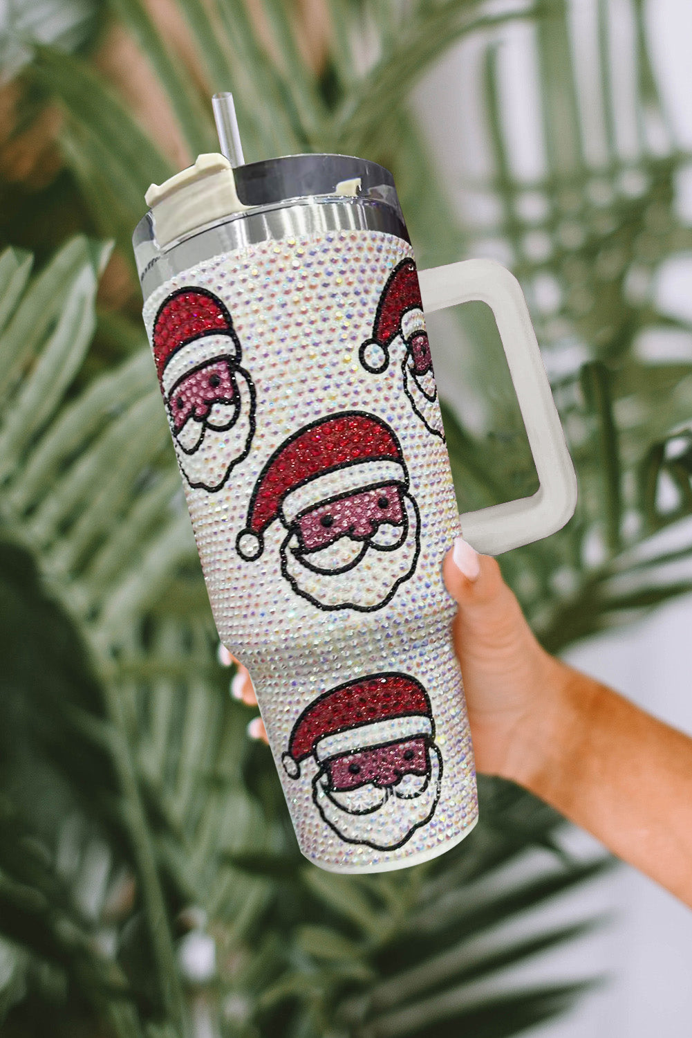 White Christmas Santa Claus Diamond Thermos Cup with Straw Tumblers JT's Designer Fashion