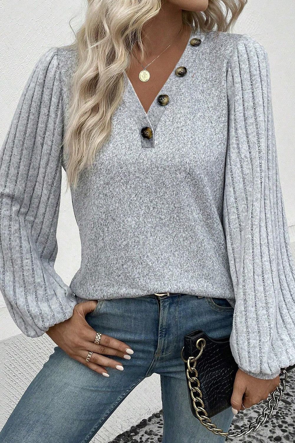 Light Grey Button Detail V Neck Ribbed Bishop Sleeve Top Tops & Tees JT's Designer Fashion