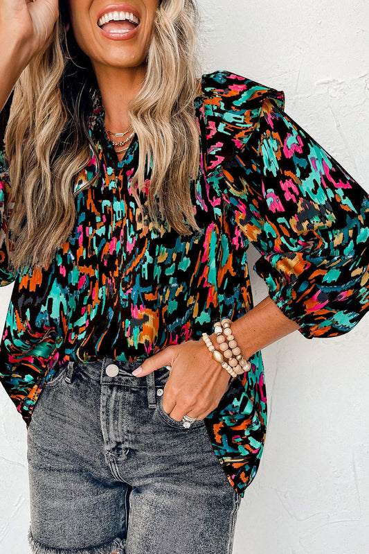 Multicolour Abstract Print 3/4 Puff Sleeve Ruffle Blouse Tops & Tees JT's Designer Fashion