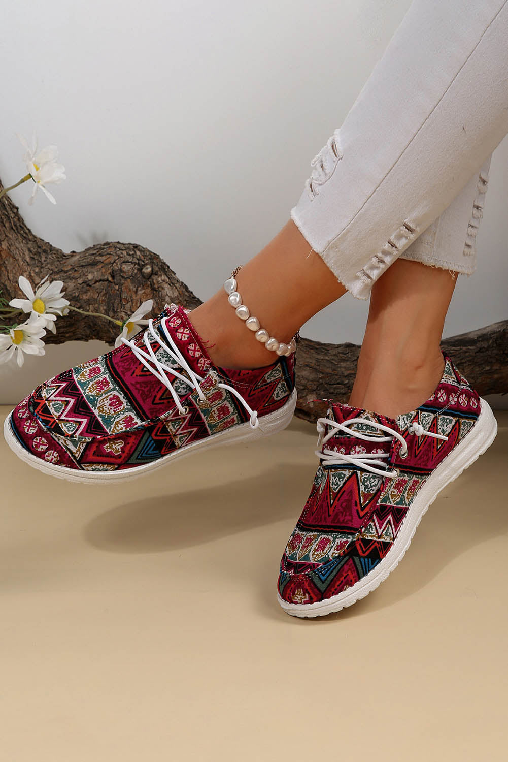 Red Ethnic Printed Lace-up Decor Casual Shoes Women's Shoes JT's Designer Fashion