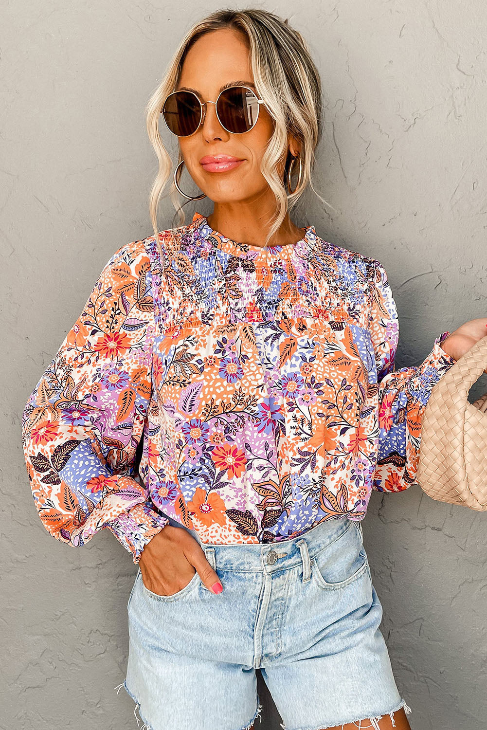 Multicolour Floral Bishop Sleeve Frilled Round Neck Blouse Tops & Tees JT's Designer Fashion