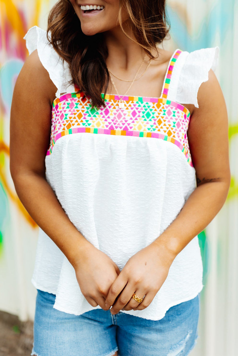 White Aztec Embroidered Square Neck Ruffle Tank Top White 95%Polyester+5%Elastane Tank Tops JT's Designer Fashion