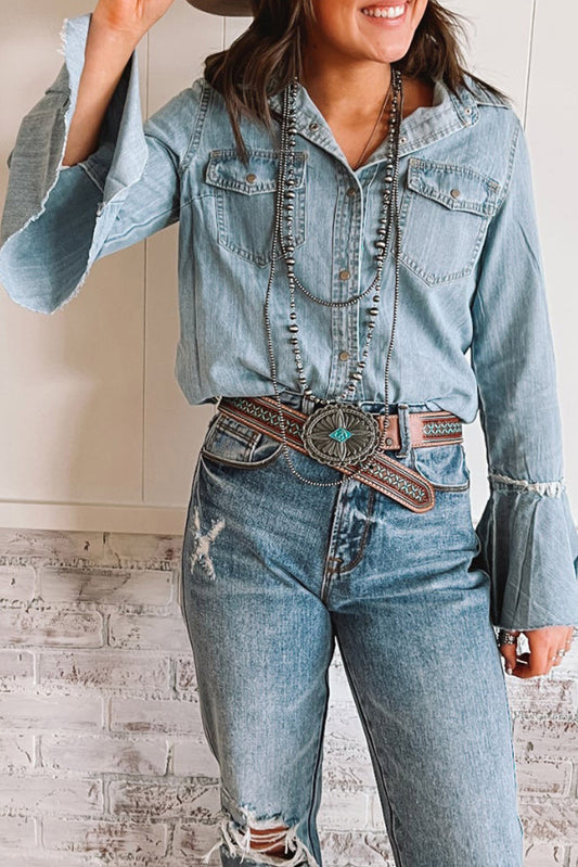 Sky Blue Chest Pockets Bell Sleeve Buttoned Denim Jacket Denim jackets JT's Designer Fashion