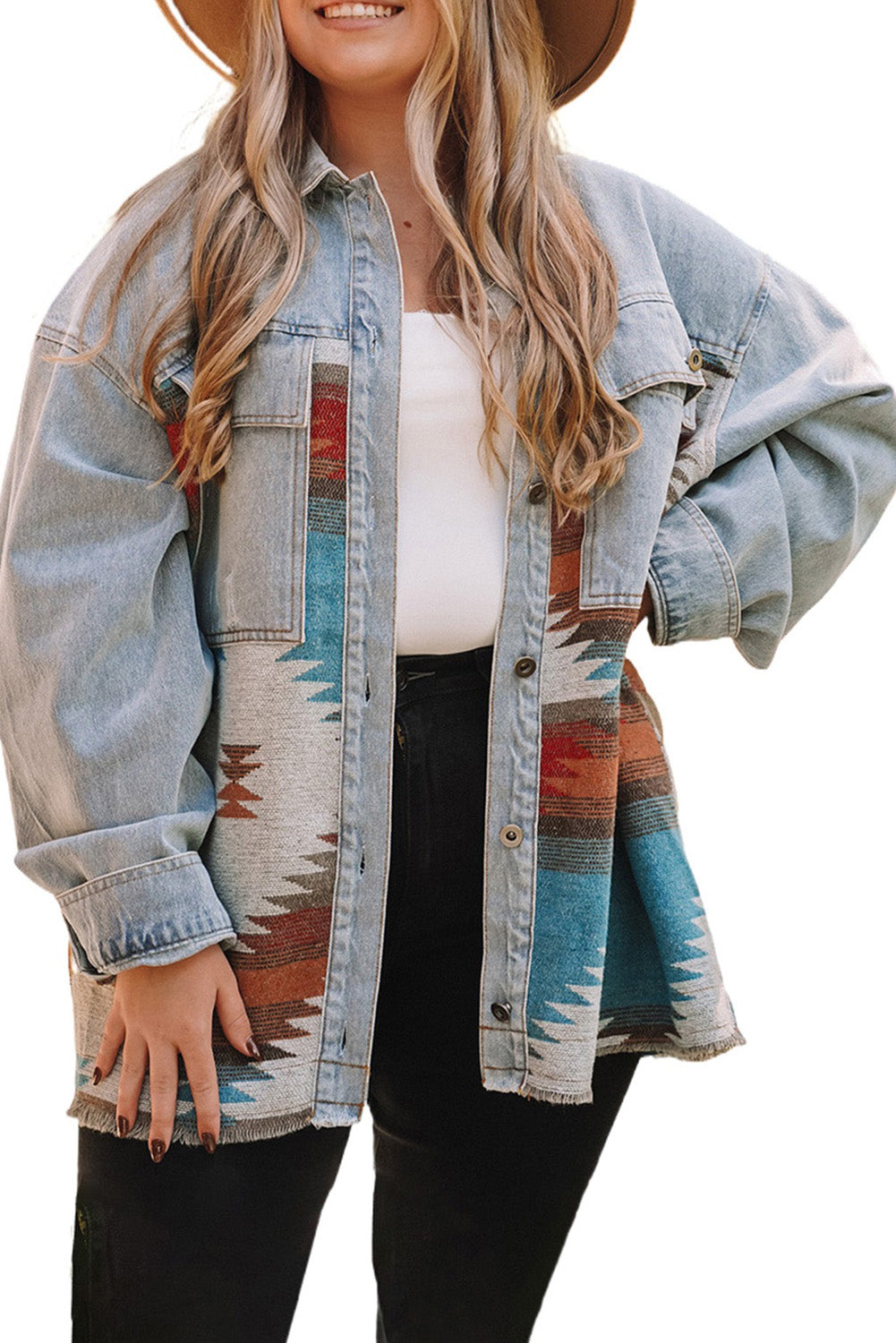 Sky Blue Plus Size Denim Aztec Jacket Denim jackets JT's Designer Fashion